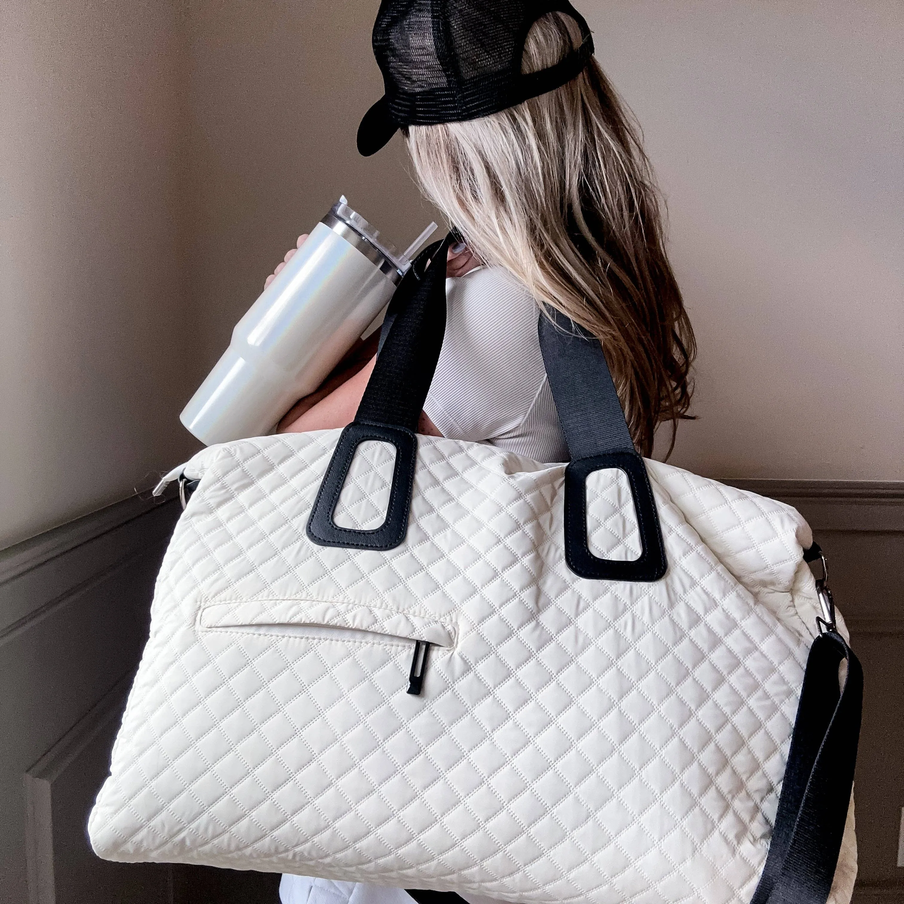 Quilted Weekender In Off White Or Beige