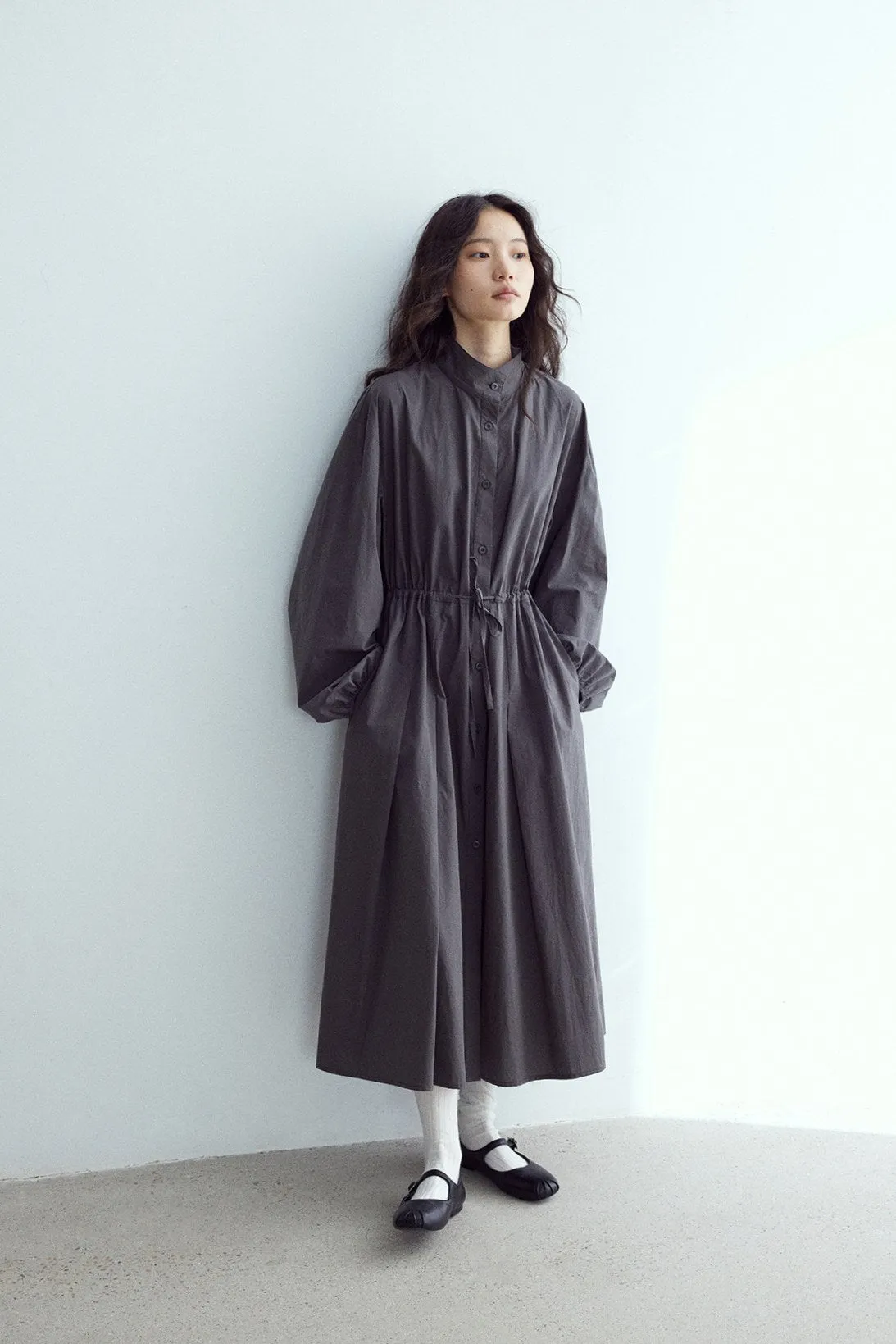 Relaxed stand collar waisted shirt dress coat | 3 color