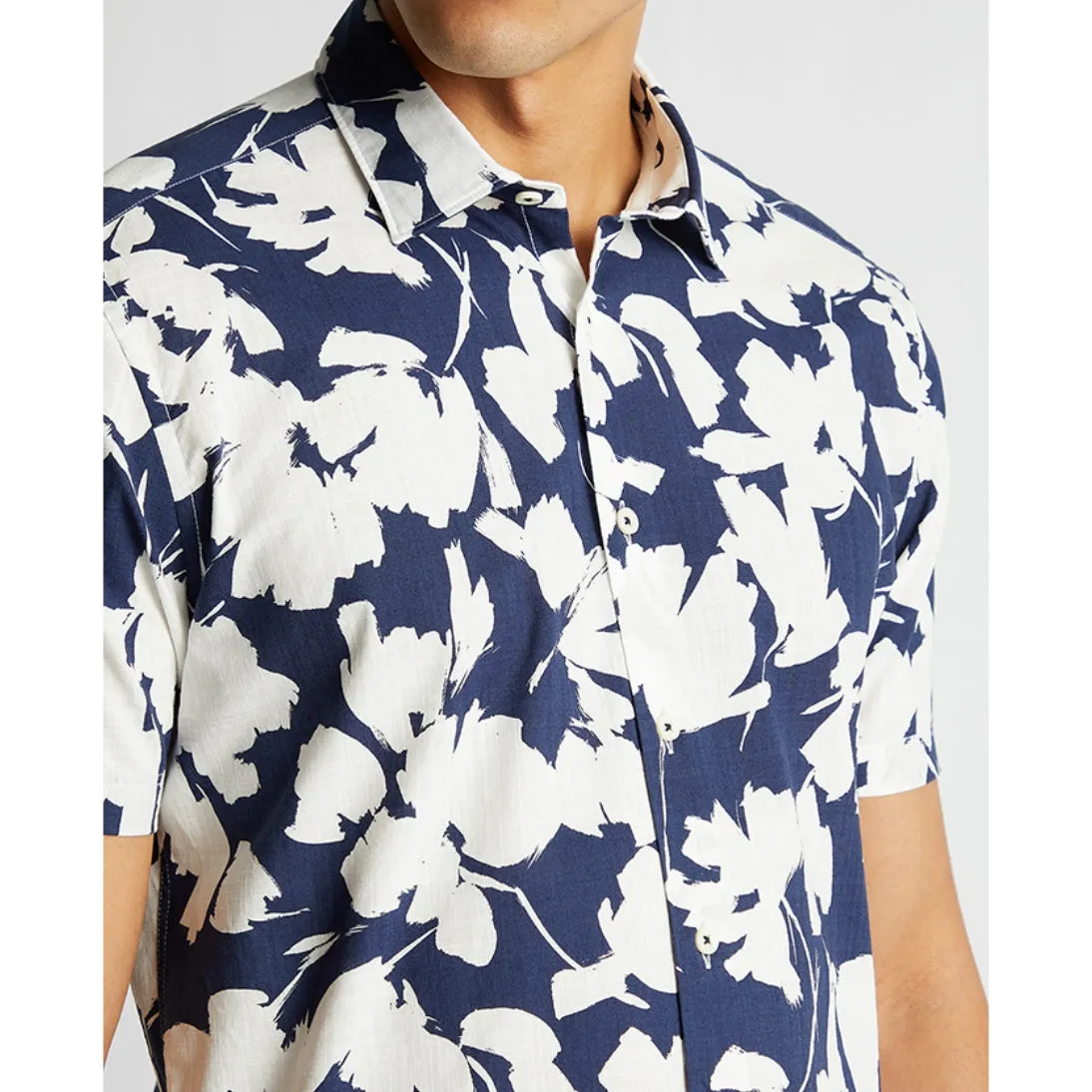 Remus Uomo Tapered Fit Cotton Short Sleeve Floral Print Shirt 13917 Navy and White