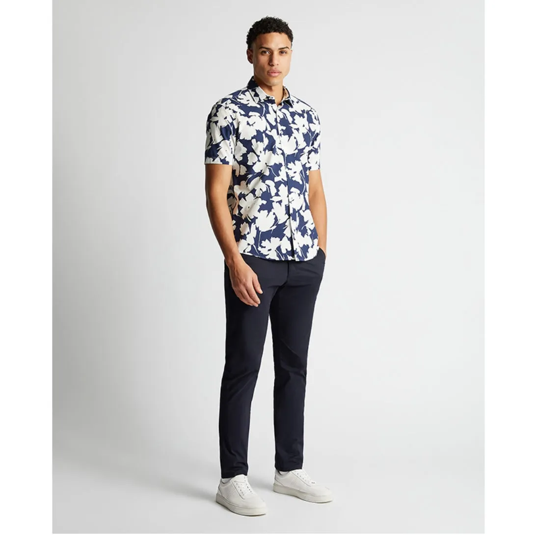 Remus Uomo Tapered Fit Cotton Short Sleeve Floral Print Shirt 13917 Navy and White