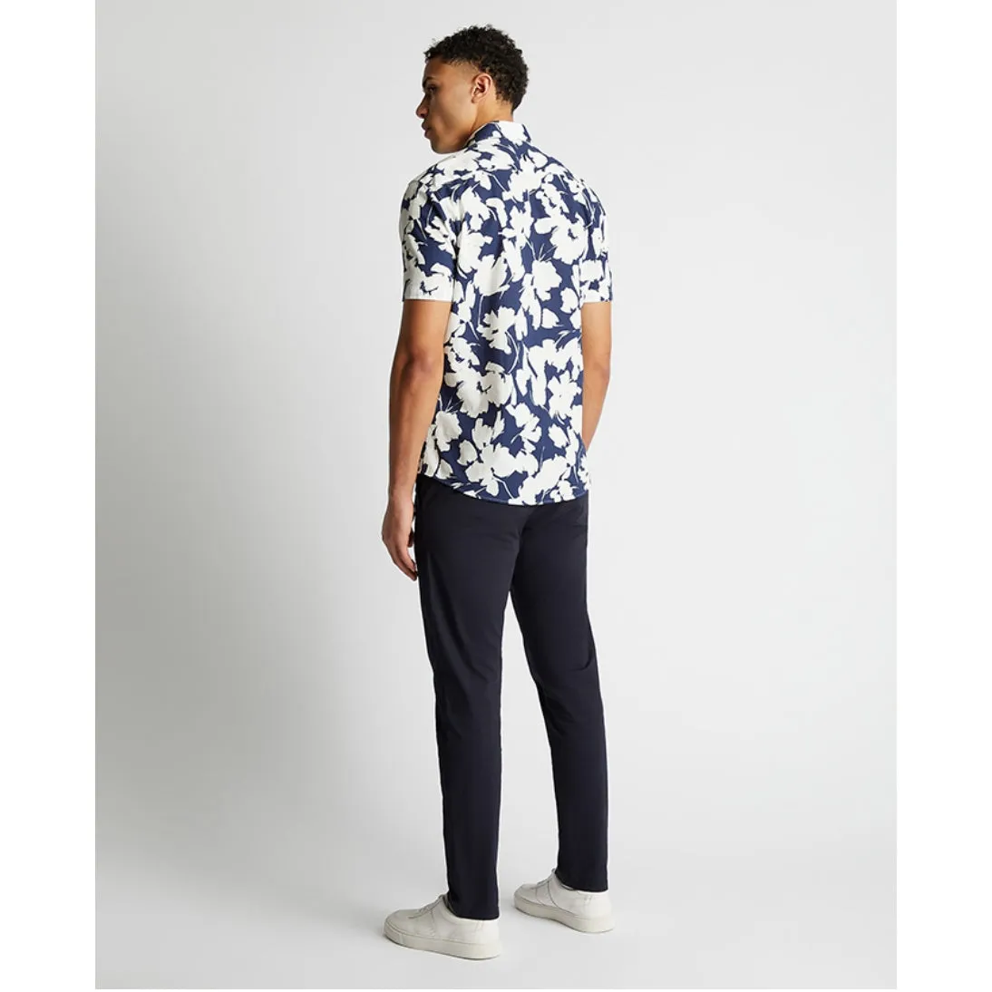 Remus Uomo Tapered Fit Cotton Short Sleeve Floral Print Shirt 13917 Navy and White