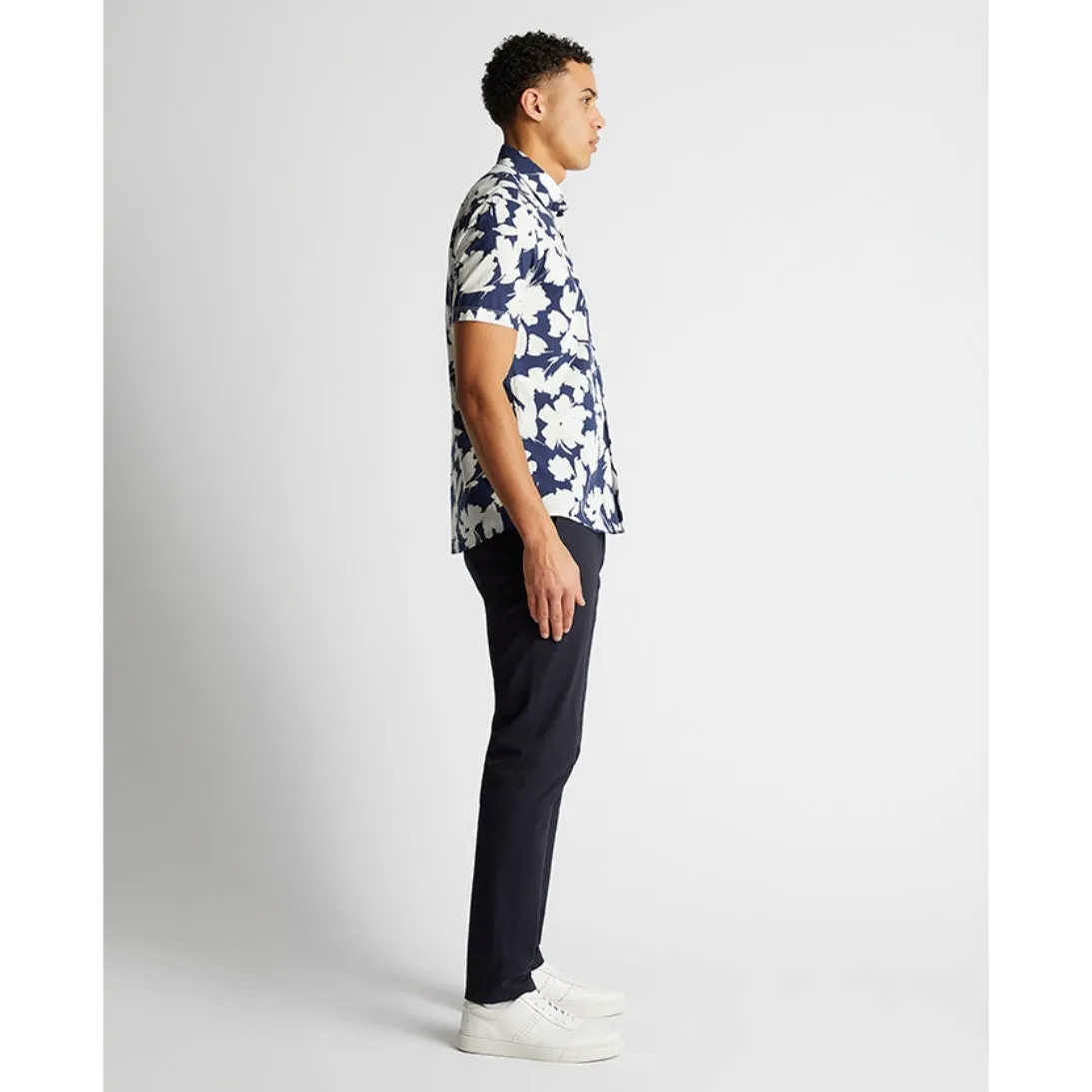 Remus Uomo Tapered Fit Cotton Short Sleeve Floral Print Shirt 13917 Navy and White