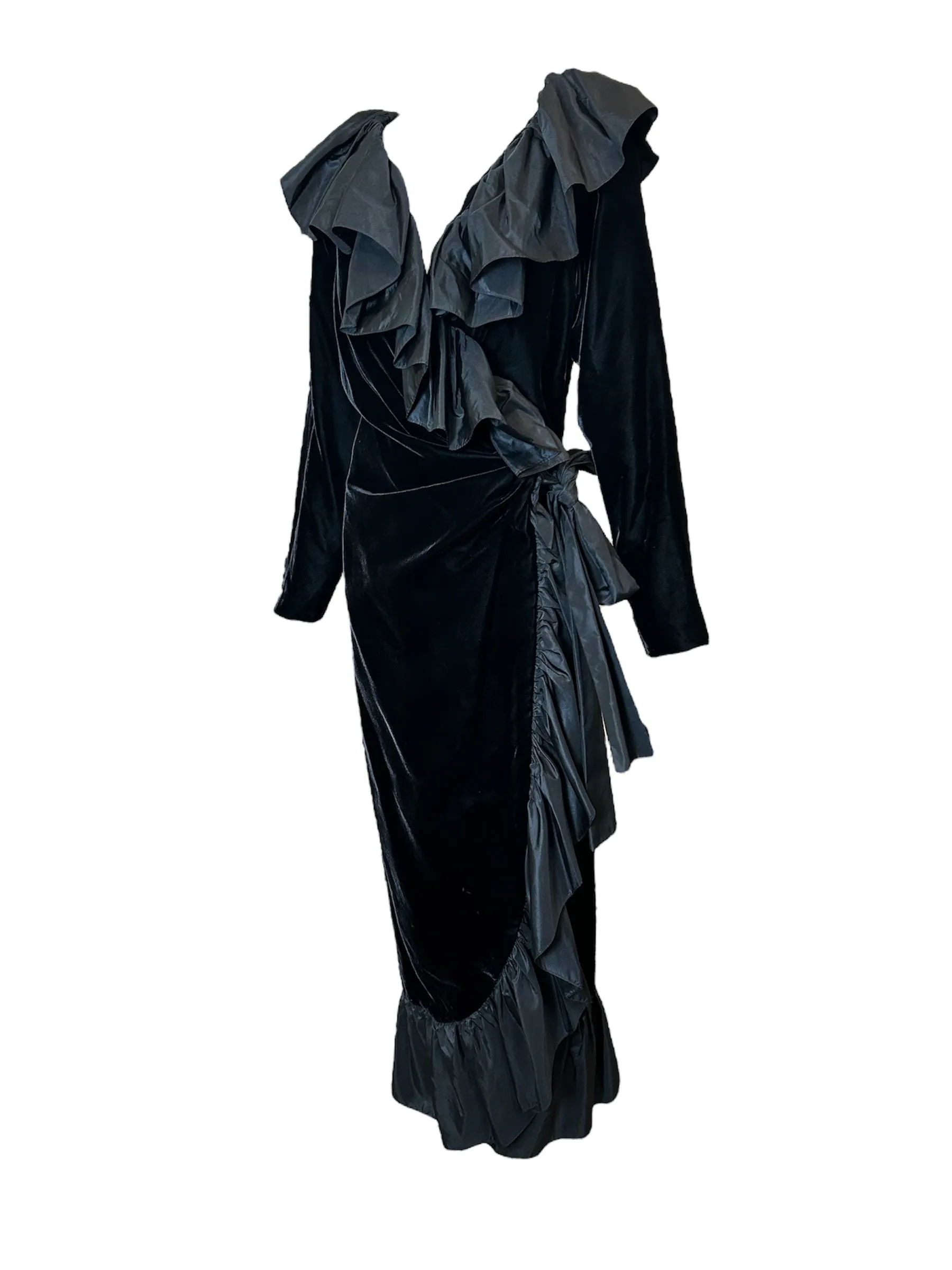 Saint Laurent 70s Black Velvet Wrap Dress with Taffeta Ruffle Collar