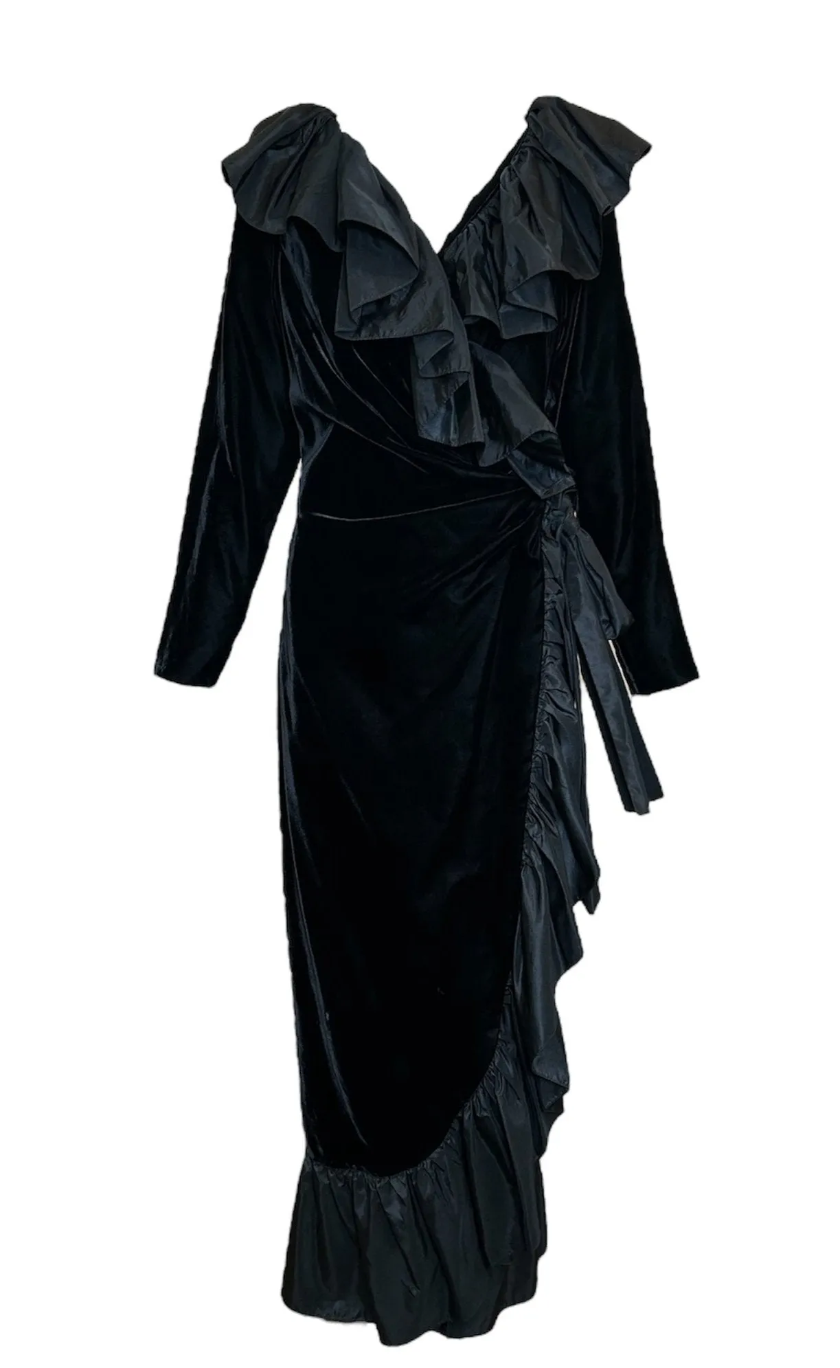 Saint Laurent 70s Black Velvet Wrap Dress with Taffeta Ruffle Collar