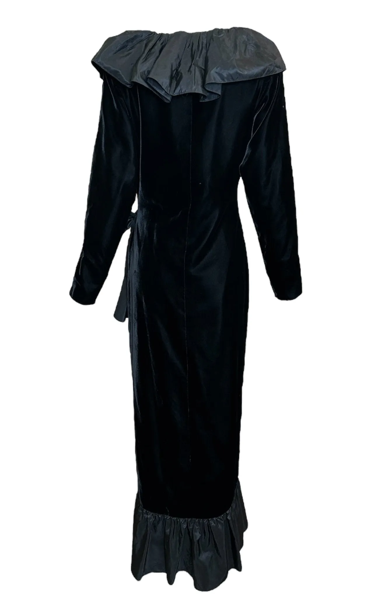 Saint Laurent 70s Black Velvet Wrap Dress with Taffeta Ruffle Collar