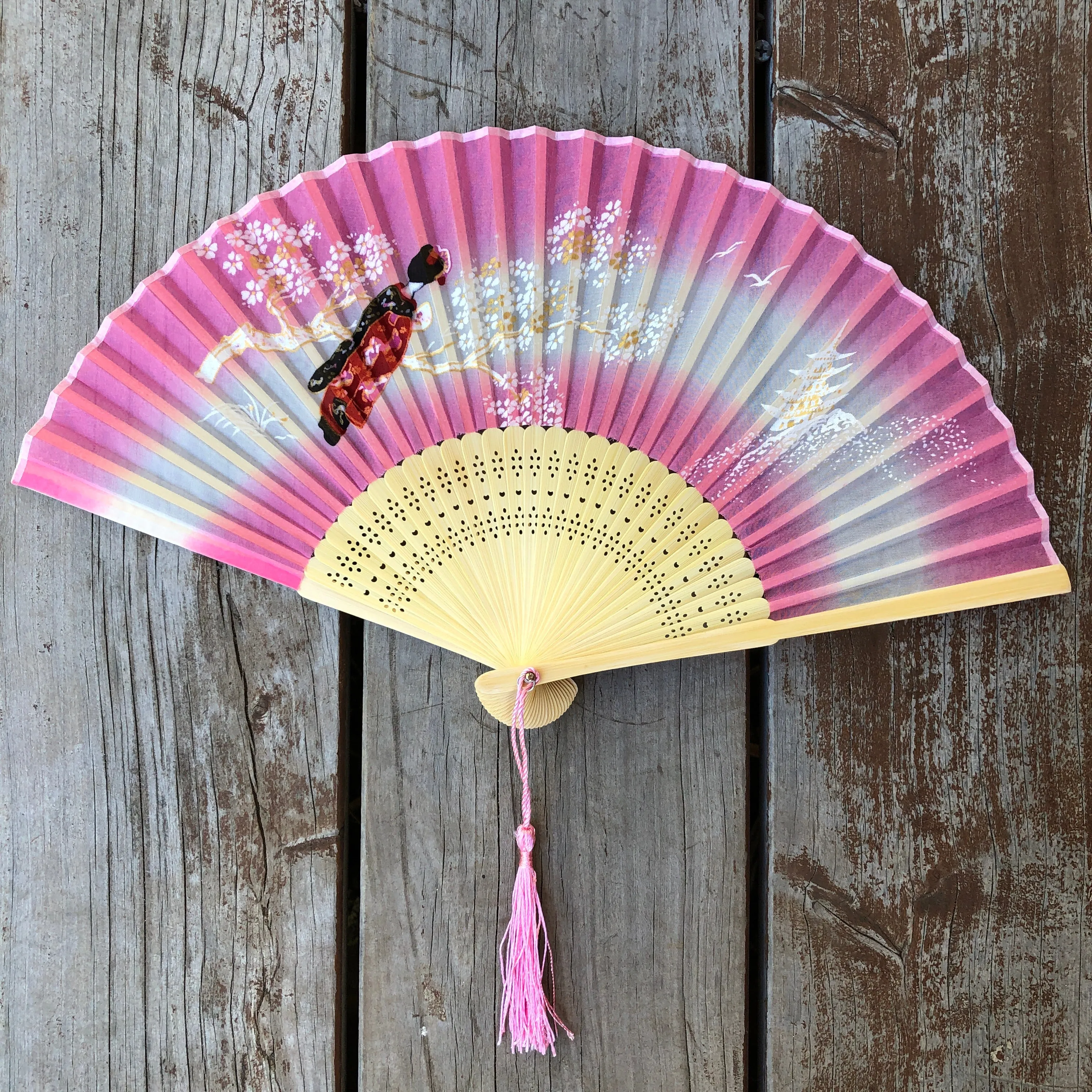 SALE - Luxury Sheer Silk Hand Fan - Blossoms, pagoda, lady