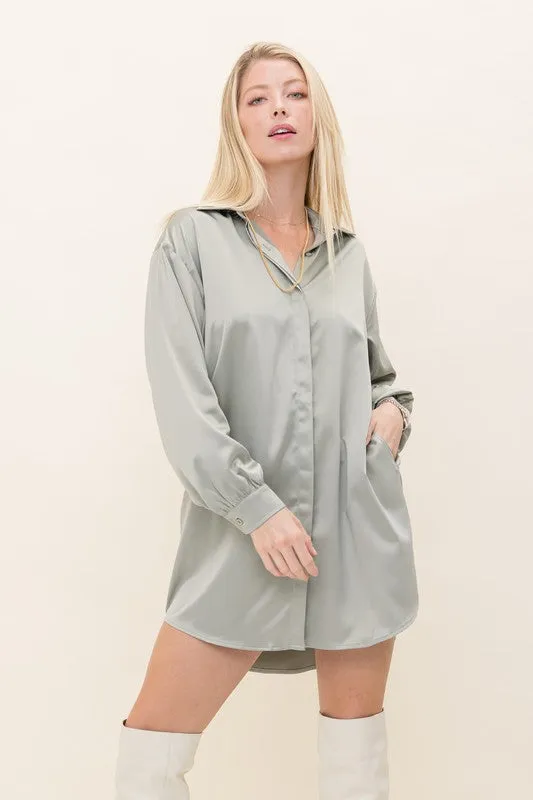 Sammie Satin Shirt Dress in Champagne & Sage