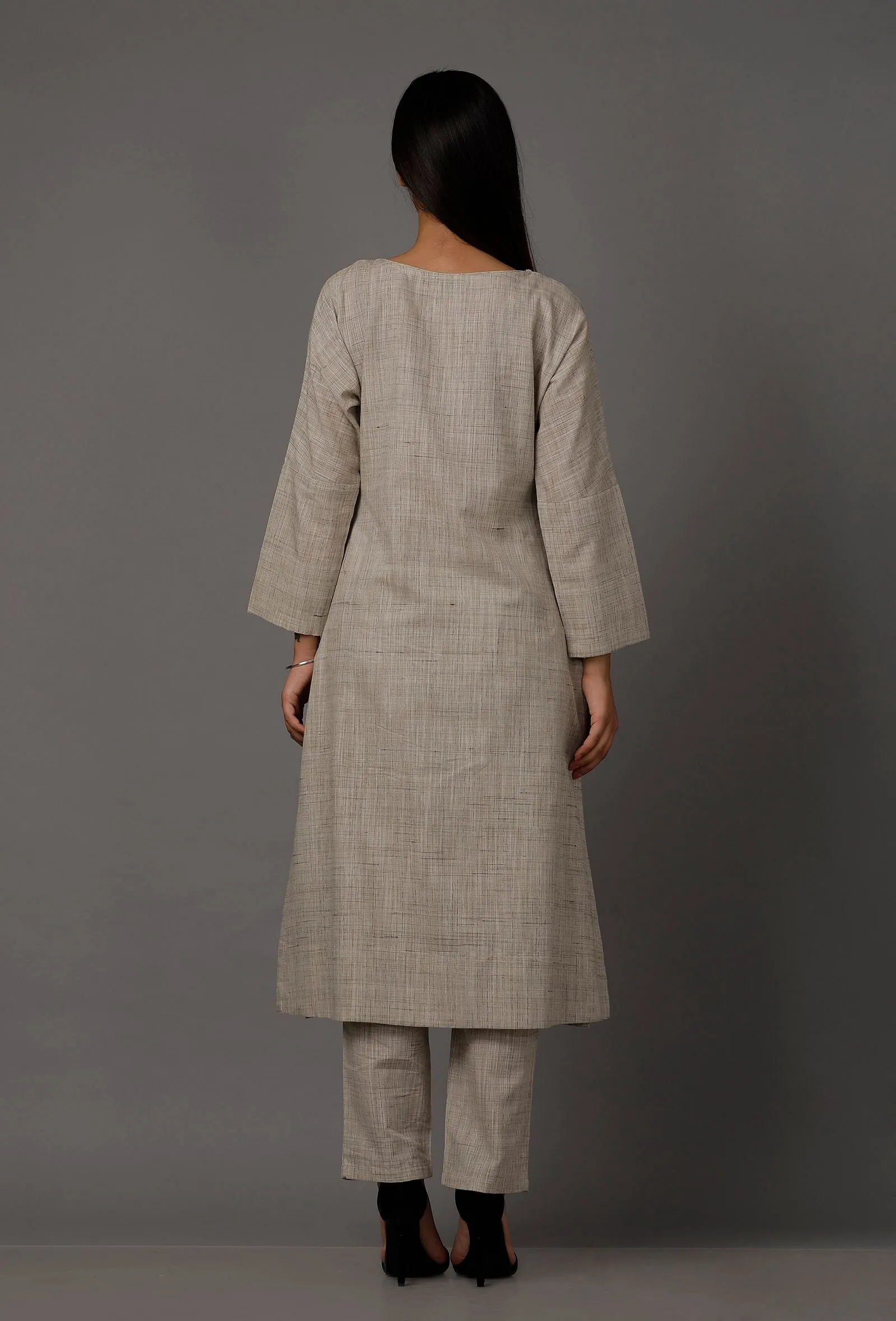 Set of 2: Grey Pure Woven Cotton Kurta and Pants