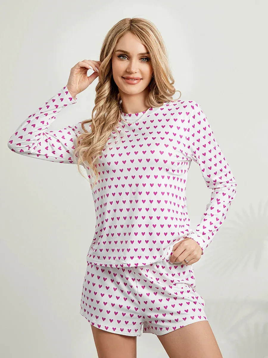 Sleeve Heart Print Tops Casual Shorts Sleepwear Long Pajamas