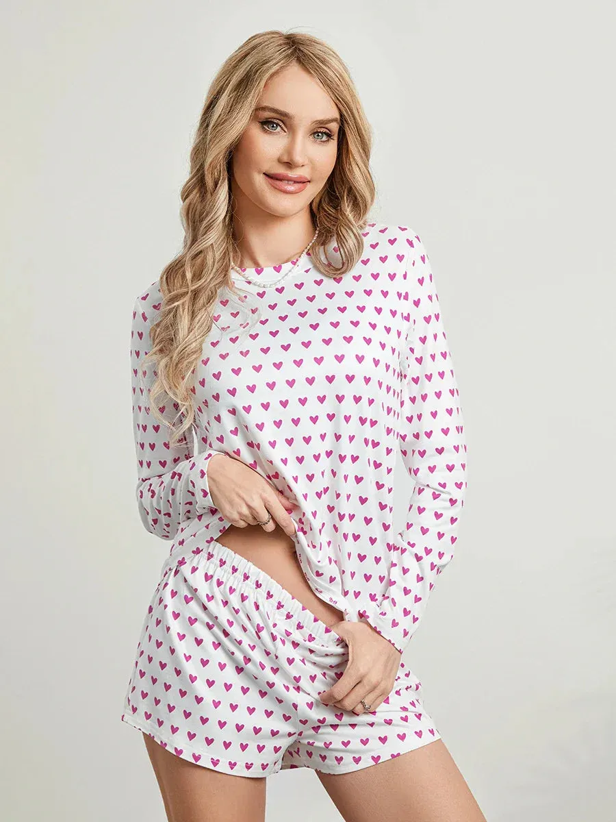 Sleeve Heart Print Tops Casual Shorts Sleepwear Long Pajamas