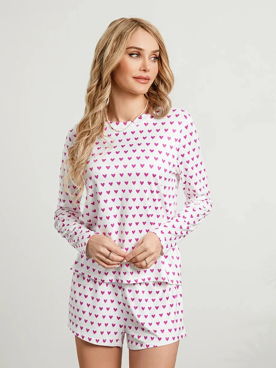 Sleeve Heart Print Tops Casual Shorts Sleepwear Long Pajamas