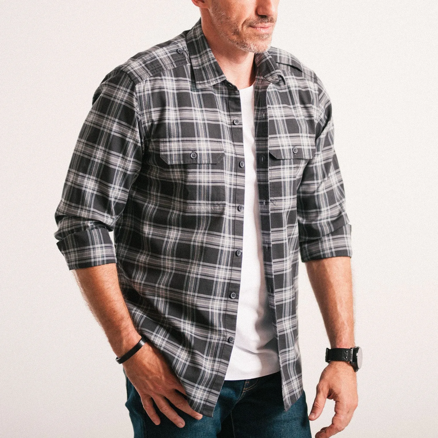 Smith Utility Shirt – Black & Gray Plaid Cotton Oxford