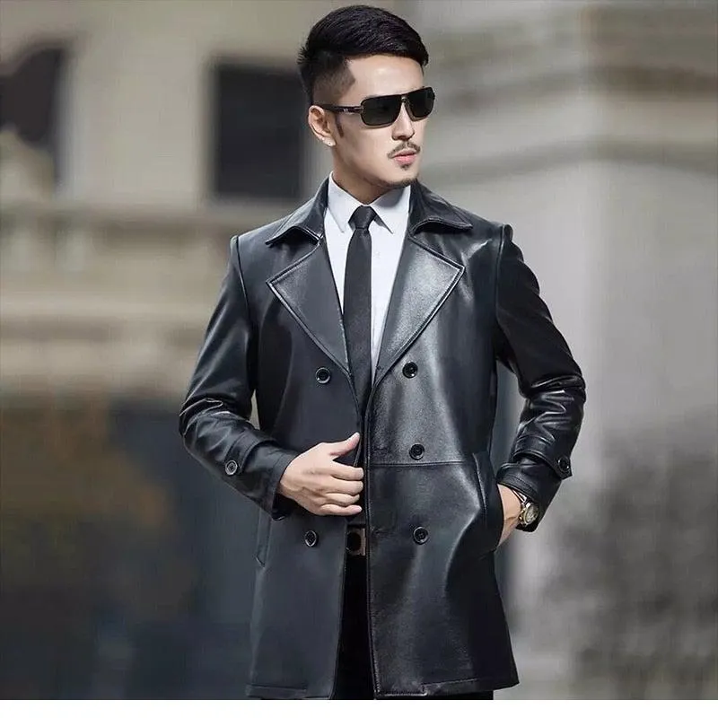 Spectra Mens Fashion Double Breasted Leather Blazer Coat