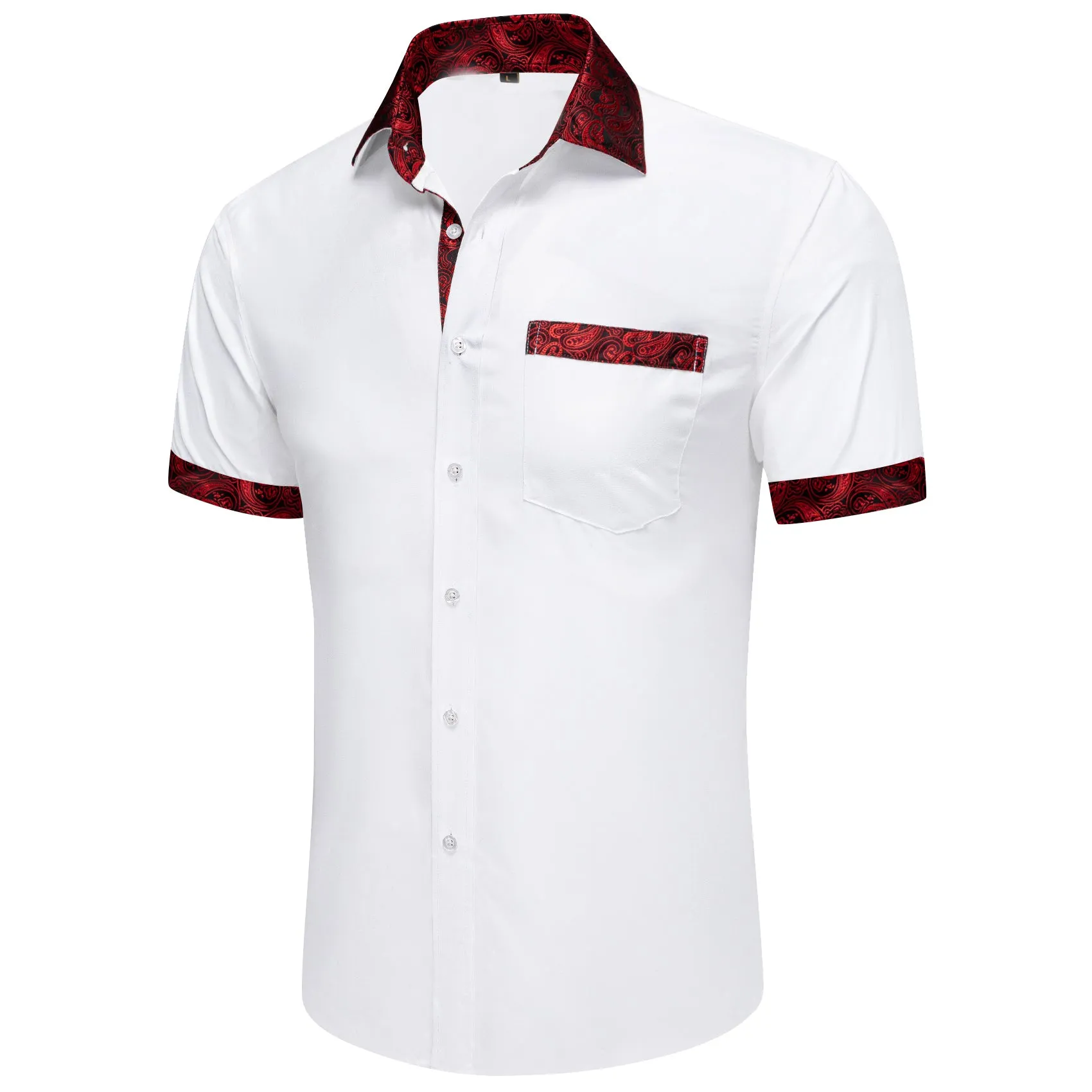 Splicing Style White with Red Paisley Silk Men's Short Sleeve Shirt