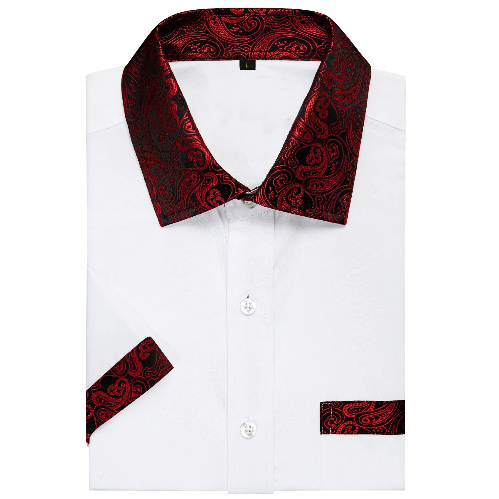 Splicing Style White with Red Paisley Silk Men's Short Sleeve Shirt