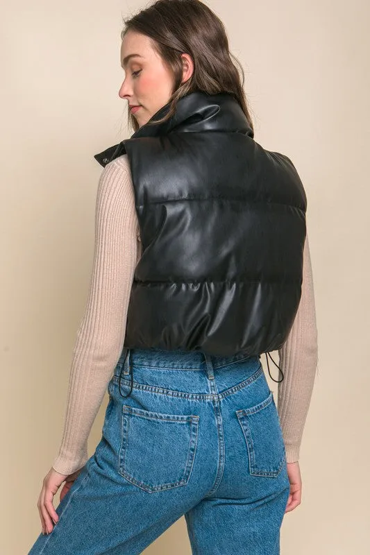 Stylish Cropped Faux Leather Puffer