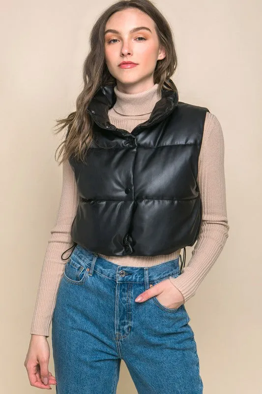 Stylish Cropped Faux Leather Puffer