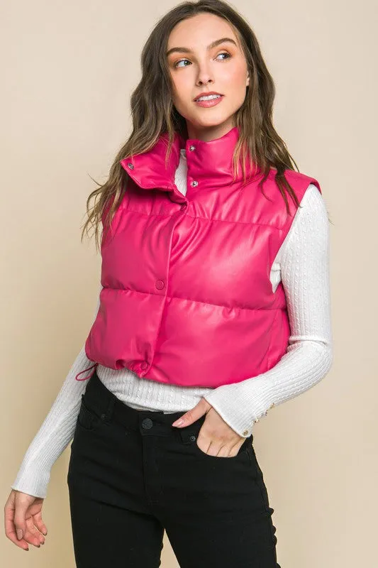 Stylish Cropped Faux Leather Puffer