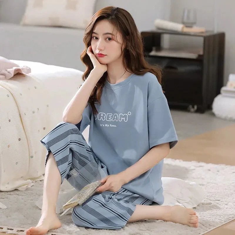 Summer Ladies Two-Piece Pajamas Women Seven Trousers Short-Sleeved Girls New Large Size Pajamas Homewear Suit Leisure Wear