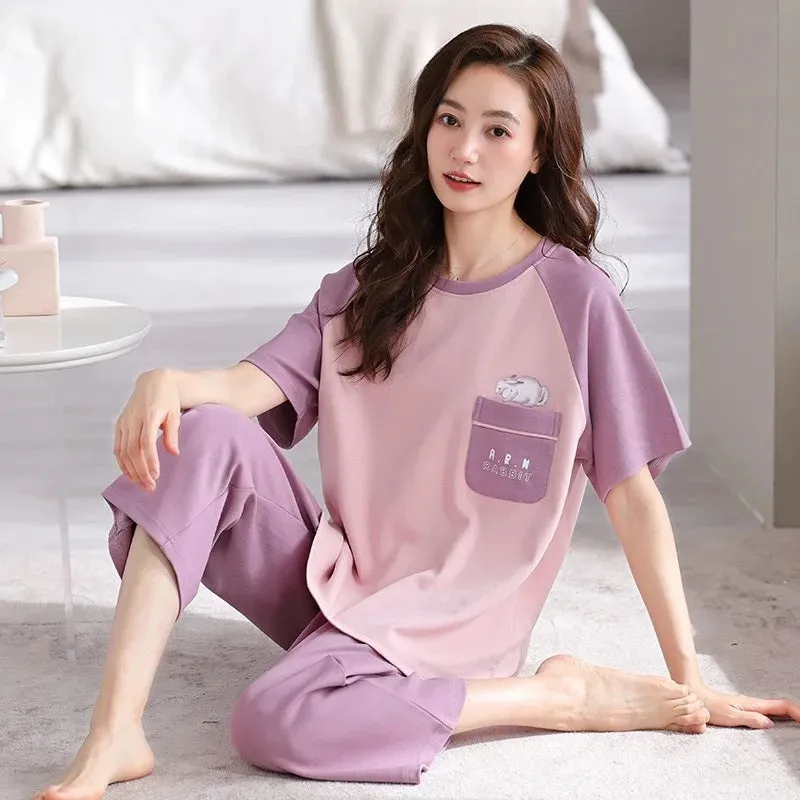 Summer Ladies Two-Piece Pajamas Women Seven Trousers Short-Sleeved Girls New Large Size Pajamas Homewear Suit Leisure Wear