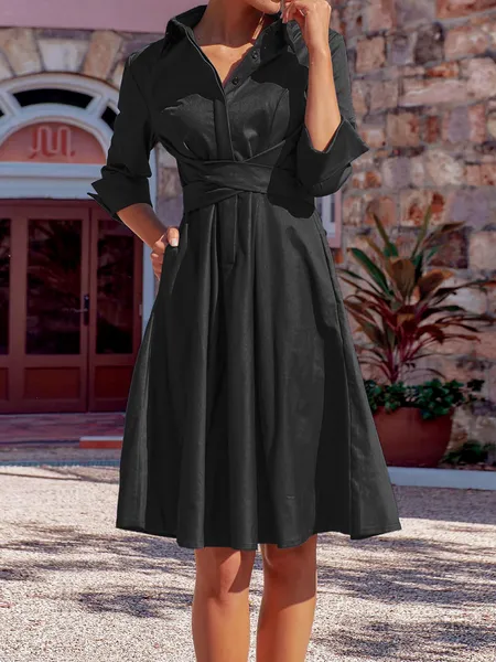 TEEK - Elegant Tie Pocketed Midi Dress Shirt A-line Dress