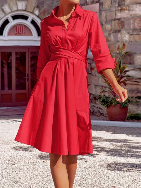 TEEK - Elegant Tie Pocketed Midi Dress Shirt A-line Dress