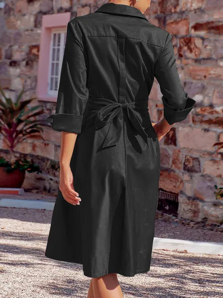 TEEK - Elegant Tie Pocketed Midi Dress Shirt A-line Dress