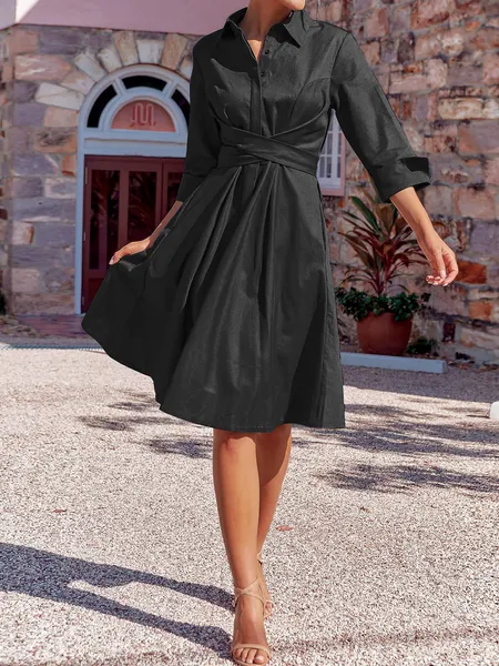 TEEK - Elegant Tie Pocketed Midi Dress Shirt A-line Dress