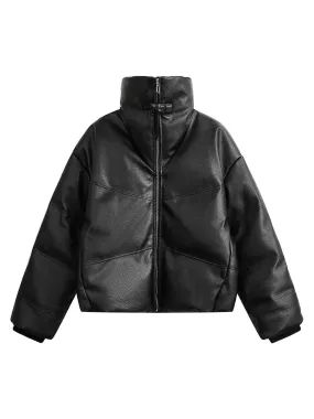 Thesupermade Stand collar short PU leather Quilted Puffer Jacket