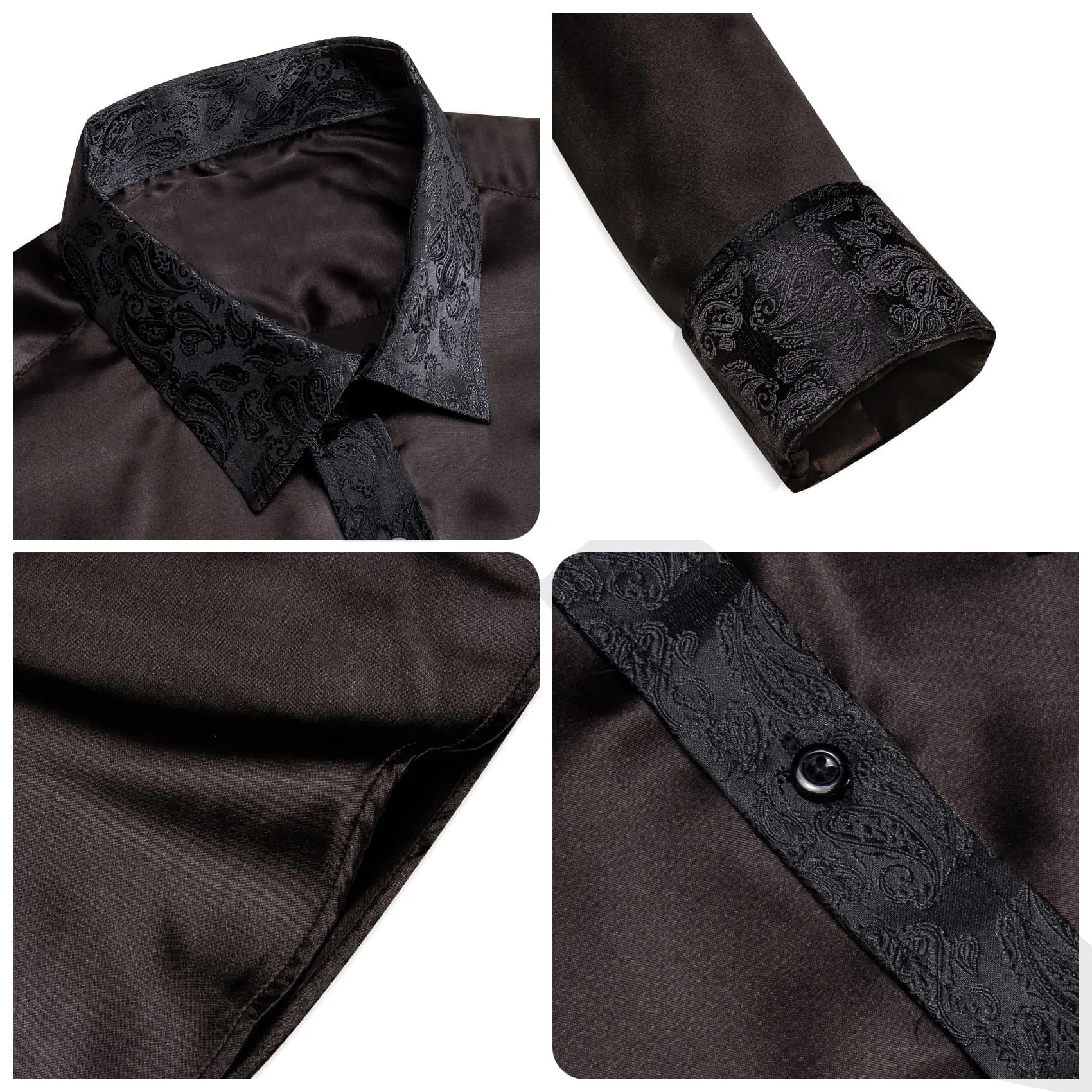 Ties2you Dress Shirt Coal Black Solid Splicing Paisley Button Down Long Sleeve Shirts for Men