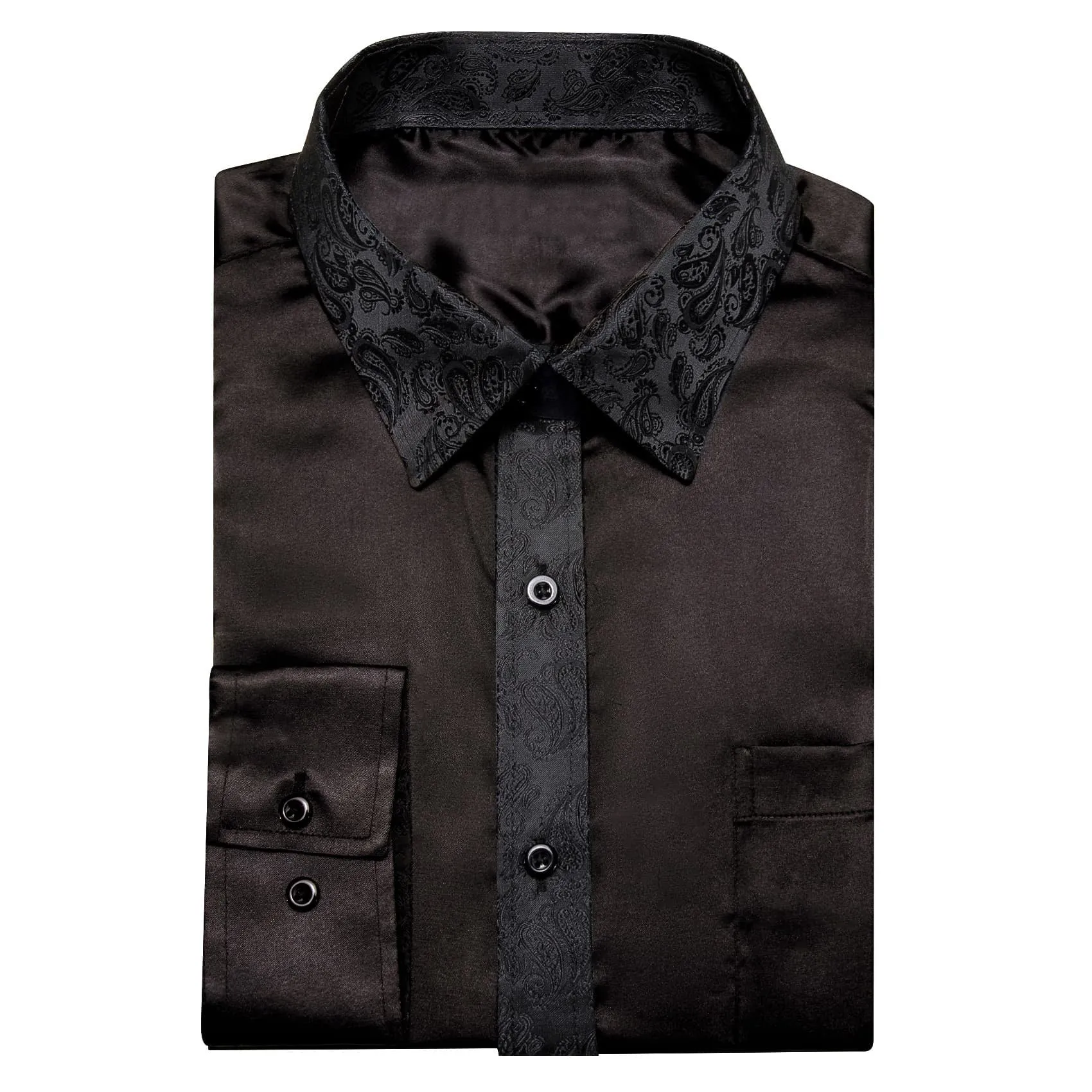 Ties2you Dress Shirt Coal Black Solid Splicing Paisley Button Down Long Sleeve Shirts for Men