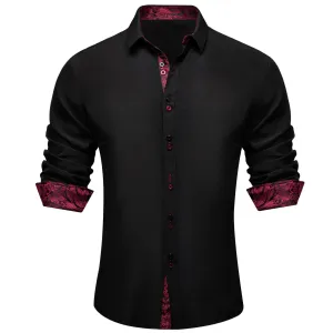 Ties2you Men's Shirt Black Solid Red Paisley Splicing Silk Dress Shirt