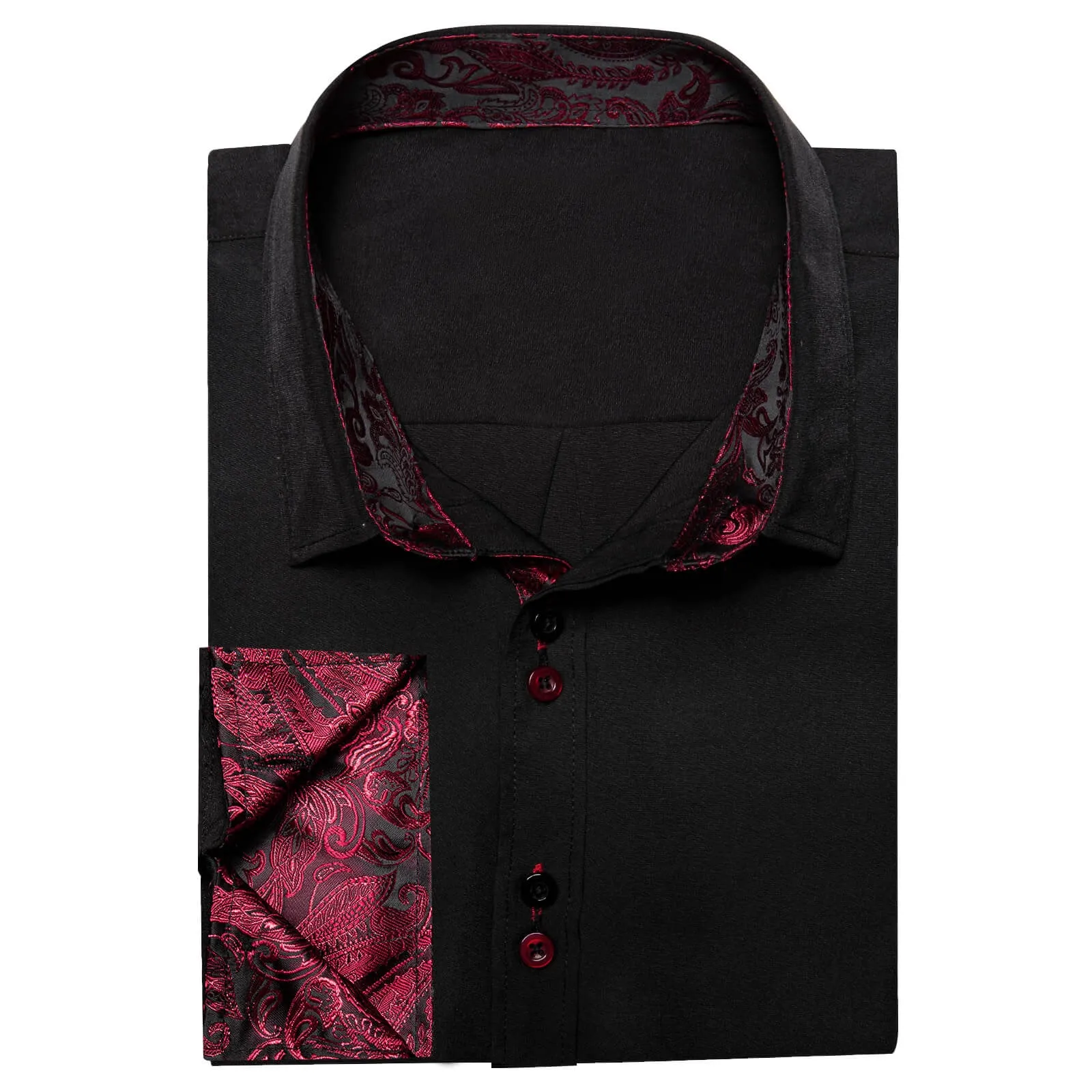 Ties2you Men's Shirt Black Solid Red Paisley Splicing Silk Dress Shirt