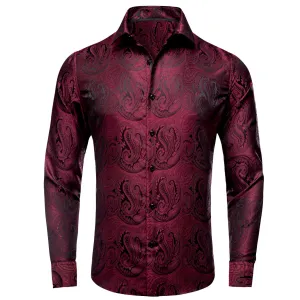 Ties2you Men's Shirt Dark Red Black Paisley Silk Button Down Shirt