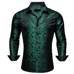 Ties2you Work Shirt Sapphire Pine Green Paisley Silk Mens Button Down Long Sleeve Dress Shirt Top