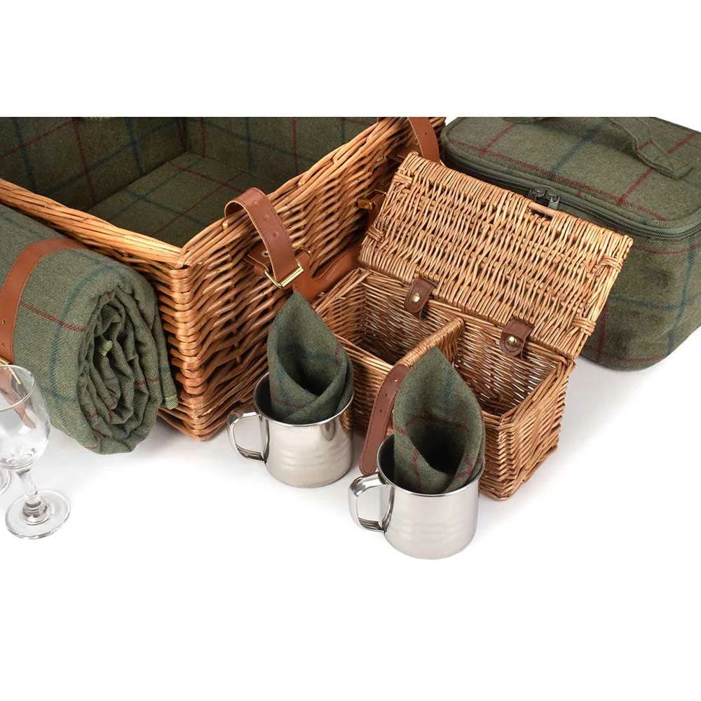 Two Person Super Deluxe Fully Fitted Picnic Basket Hamper in Green Tweed 122 by Willow