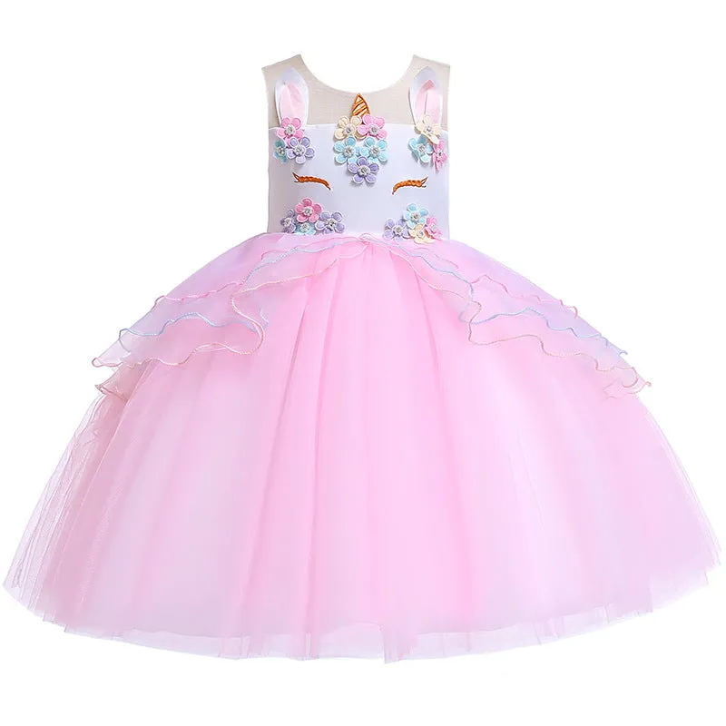 Unicorn Children Shirt European and American Girls Dress Lace Princess Dress Kids Dress