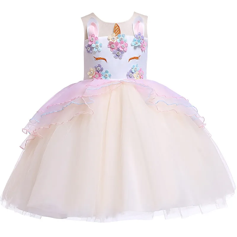 Unicorn Children Shirt European and American Girls Dress Lace Princess Dress Kids Dress