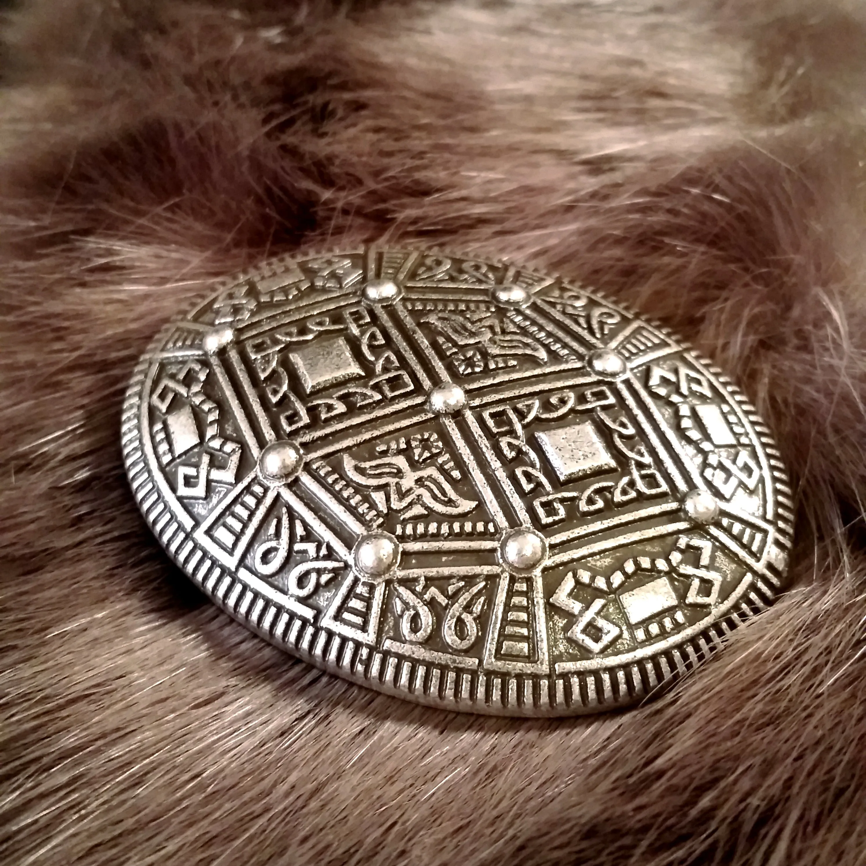 Viking Oval Brooch Silver Dress Grid Pattern Norse Viking Style