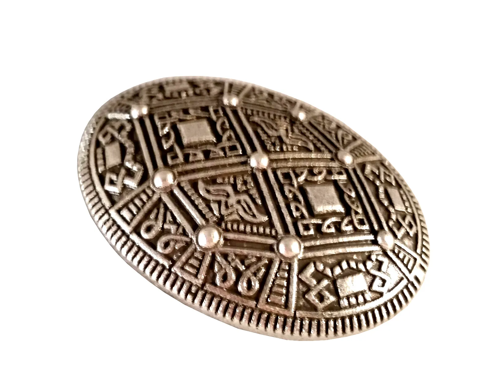 Viking Oval Brooch Silver Dress Grid Pattern Norse Viking Style