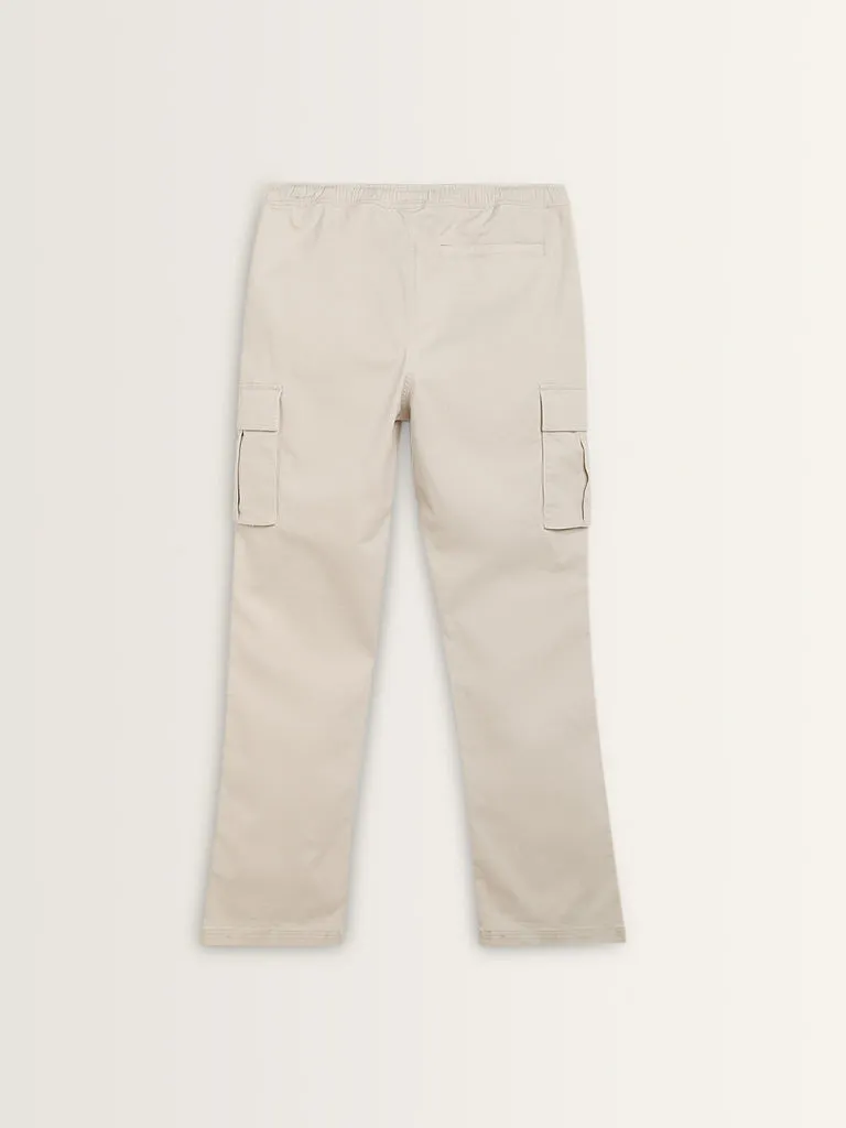 WES Casuals Beige Relaxed-Fit Cotton Blend Cargo Pants