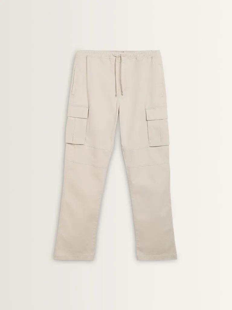 WES Casuals Beige Relaxed-Fit Cotton Blend Cargo Pants