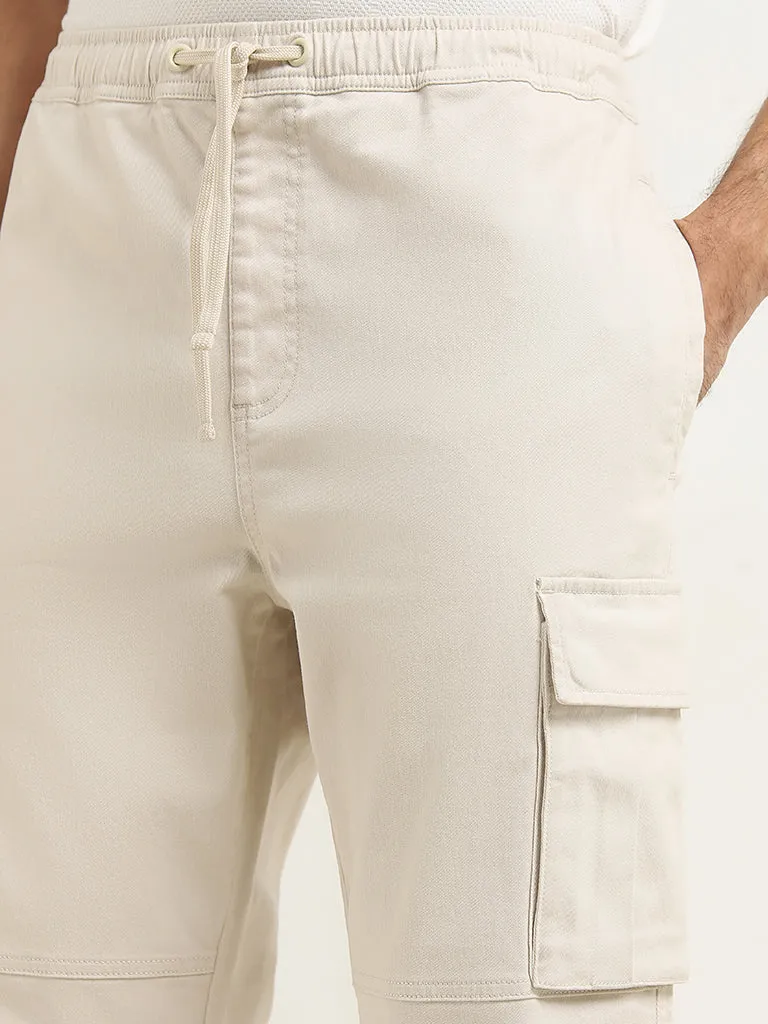 WES Casuals Beige Relaxed-Fit Cotton Blend Cargo Pants