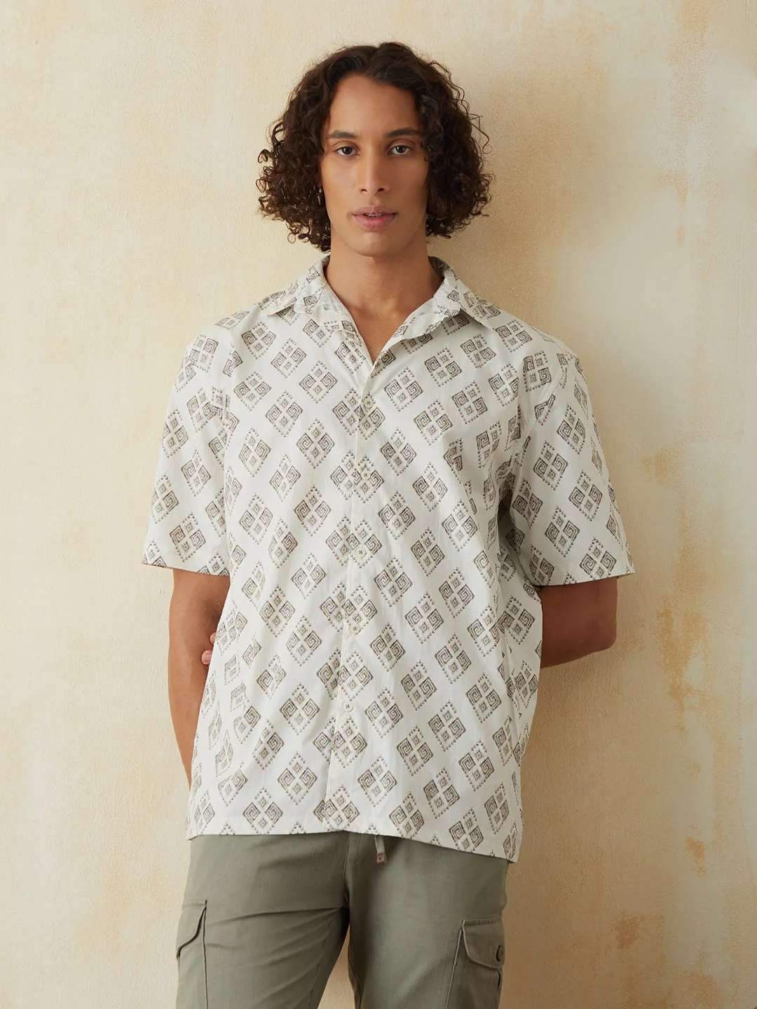 White Printed Half Sleeve Resort Shirt