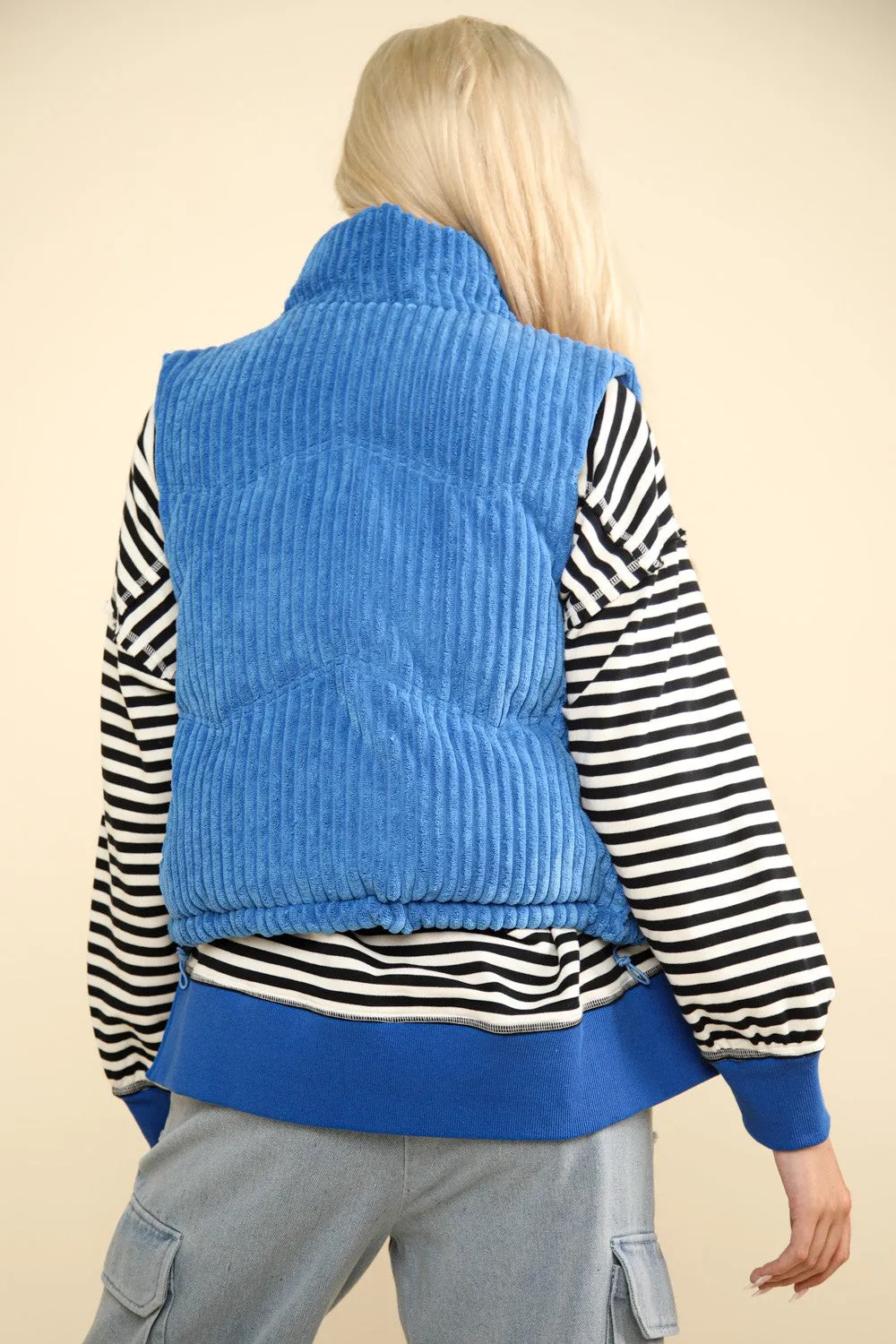 Women's Blue Zip Up Padded Corduroy Puffer Vest Jacket