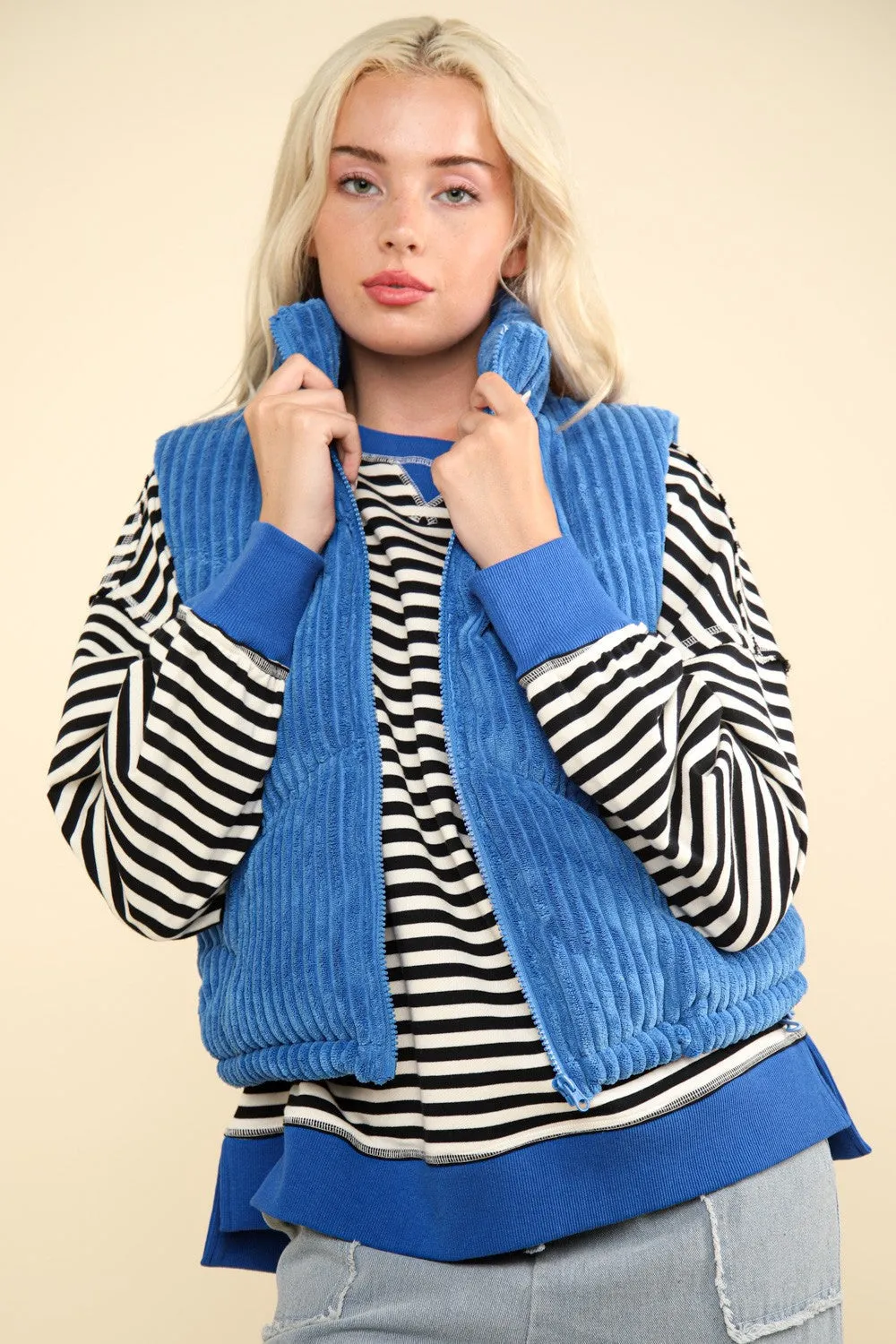 Women's Blue Zip Up Padded Corduroy Puffer Vest Jacket