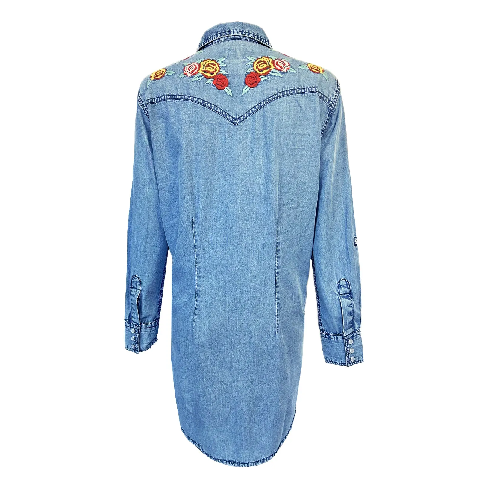 Women's Denim Western Shirt Dress with Floral Embroidery