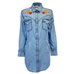 Women's Denim Western Shirt Dress with Floral Embroidery