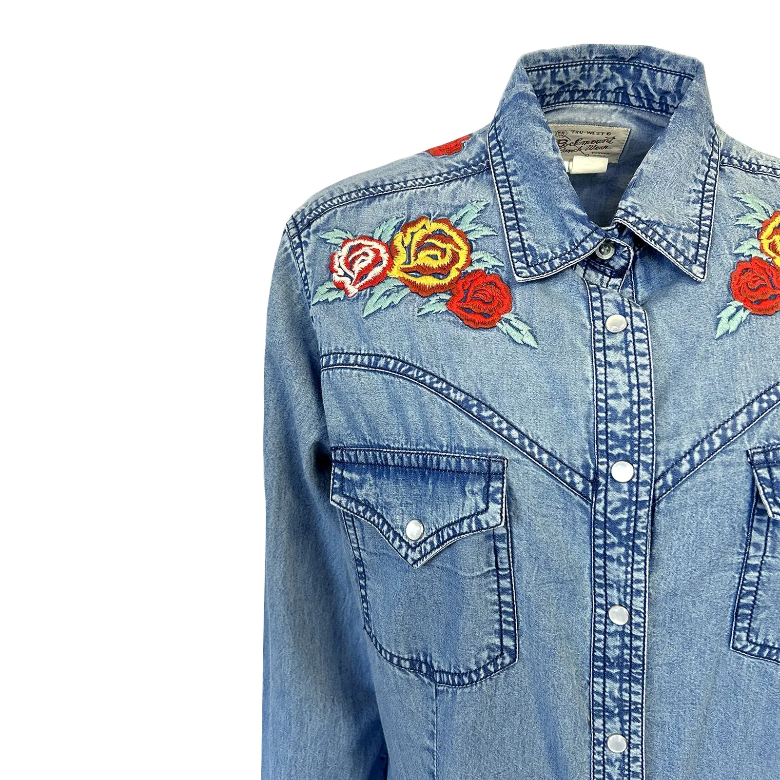 Women's Denim Western Shirt Dress with Floral Embroidery