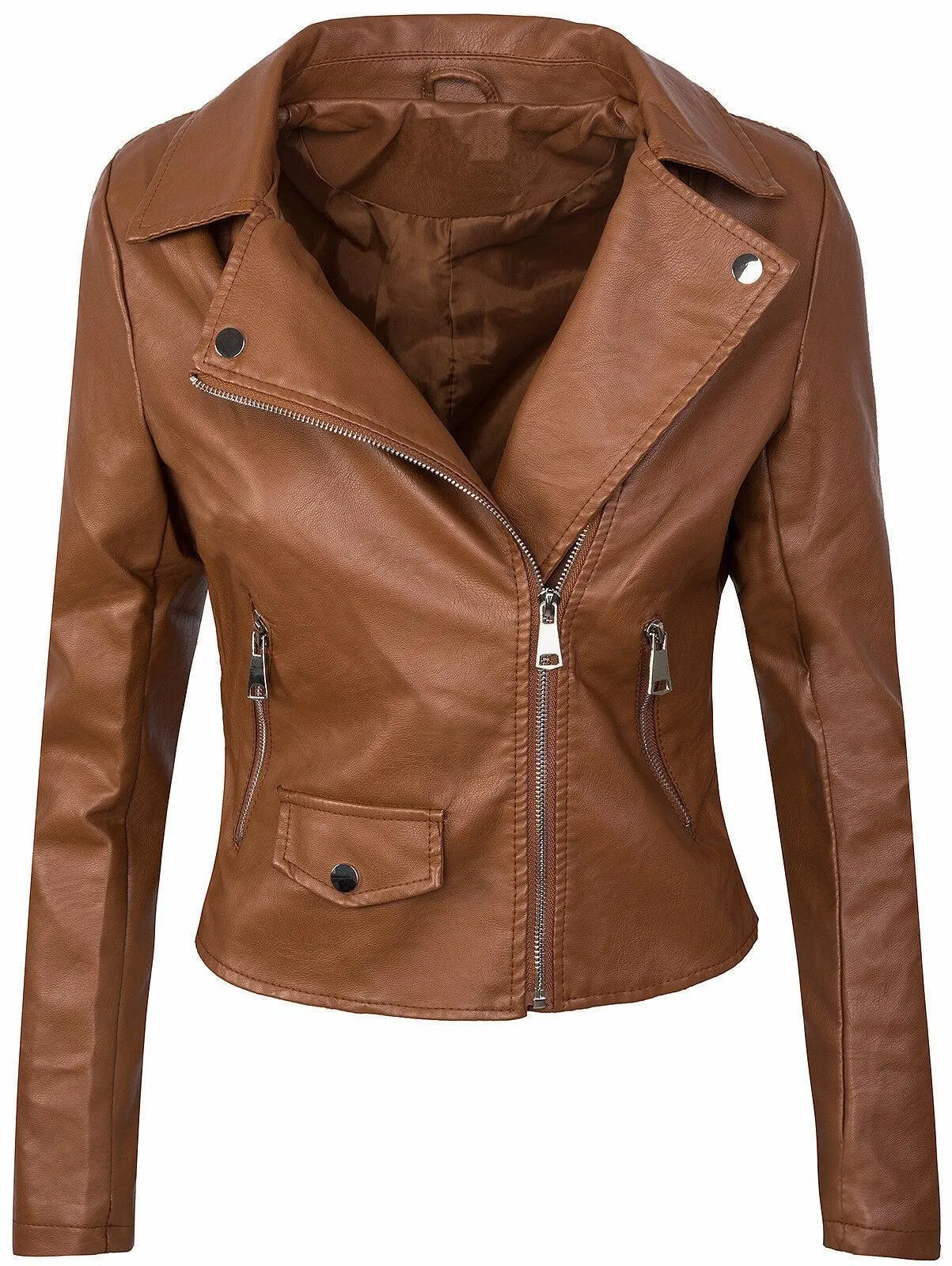 Women's Fall Winter Coat Slim PU Leather Short Zipper Leather Jacket Leather Coat